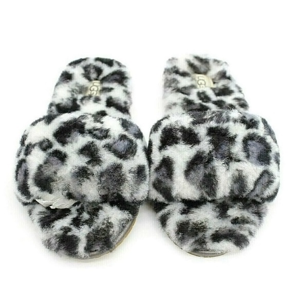 UGG FLUFF SLIDES II LEOPARD SHEEPSKIN NIB SLIPPERS SIZE 5 - Picture 3 of 5
